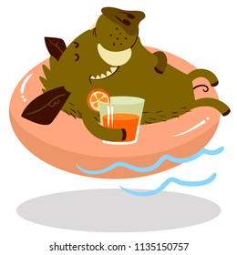 Cute boars or warthog character on swimming circle. Vector illustration with wild pig with cocktail. Icon in cartoon flat style. Summer season theme. Chinese horoscope personage