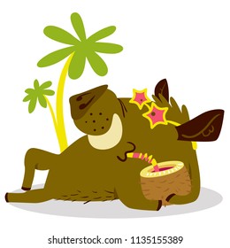 Cute boars or warthog character on relax in tropicat paradise. Vector illustration with wild pig with cocktail. Icon in cartoon flat style. Summer season theme. Chinese horoscope personage