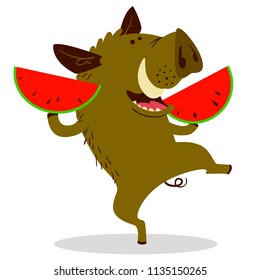 Cute boars or warthog character with slises of watermelon. Vector illustration with wild pig eating fruit. Forest inhabitant in cartoon flat style. Chinese horoscope personage