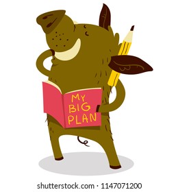 Cute boars or warthog character. Vector illustration with pig with planner. Forest inhabitant in cartoon flat style. Chinese horoscope personage