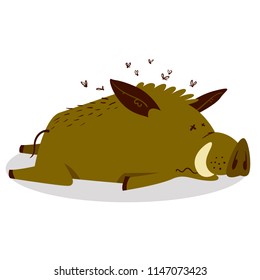 Cute boars or warthog character. Vector illustration with dead or very tired pig. Forest inhabitant in cartoon flat style. Chinese horoscope personage
