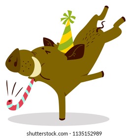 Cute boars or warthog charactercelebrating birthday. Vector illustration with pig with party horn and hat. Forest inhabitant in cartoon flat style. Chinese horoscope personage