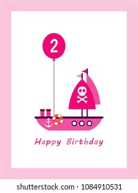 cute boat 2nd happy birthday greeting card. cute ship second birthday greeting card.
