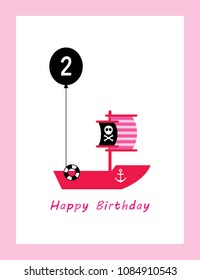 cute boat 2nd happy birthday greeting card. cute ship second birthday greeting card.