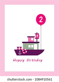 cute boat 2nd happy birthday greeting card. cute ship second birthday greeting card.