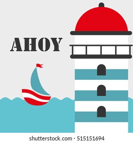 Cute boat ahoy greeting card. Vector Illustration