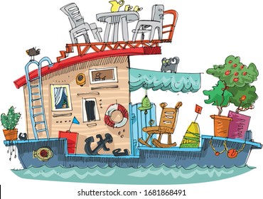 Cute boat house with furniture on top and on the deck. Cartoon. Caricature.