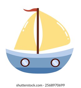 Cute boat illustration for kids. Cartoon simple style. Adventure, ship, water transport. Vector isolated on white background