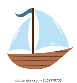 Cute boat illustration for kids. Cartoon simple style. Adventure, ship, water transport. Vector isolated on white background