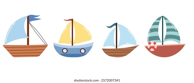 Cute boat illustration set for kids. Cartoon simple style. Adventure, ship, water transport. Vector isolated on white background