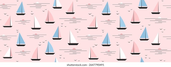 Cute boat seamless pattern. Summer marine repeated background. Pink nautical print for textile, fabric. Small cartoon yacht and birds in still water ocean. Baby nursery pattern. Vector illustration
