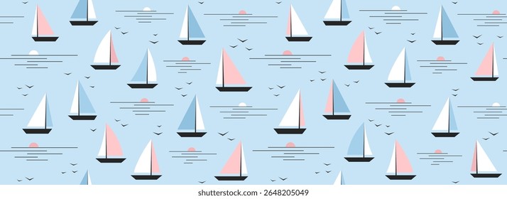 Cute boat seamless pattern. Summer marine repeated background. Blue nautical print for textile, fabric. Small cartoon yacht and birds in still water ocean. Baby nursery pattern. Vector illustration
