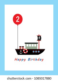 cute boat ship 2nd birthday greeting card. cute boat happy birthday gift vector.