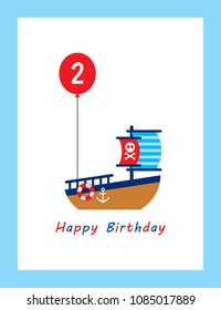 cute boat ship 2nd birthday greeting card. cute boat happy birthday gift vector.