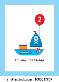 cute boat ship 2nd birthday greeting card. cute boat happy birthday gift vector.