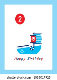 cute boat ship 2nd birthday greeting card. cute boat happy birthday gift vector.