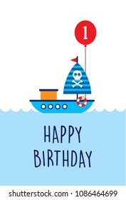 cute boat ship first happy birthday greeting card