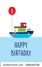 cute boat ship first happy birthday greeting card