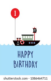 cute boat ship first happy birthday greeting card