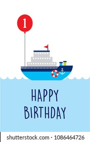 cute boat ship first happy birthday greeting card