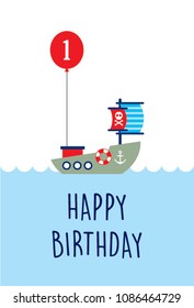 cute boat ship first happy birthday greeting card