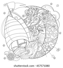 Cute boat, ship on christmas half moon with stars and flowers. Hand drawn doodle zen art.Adult anti stress coloring book or tattoo boho style.