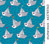 Cute boat and tea. Vector seamless pattern.