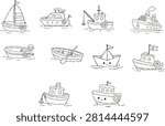 Cute Boat Vector Clipart, Nautical Ship Line Art Vector, Hand Drawn Sailboat Cruise Yacht Paper Boat Outline, Black White Marine Ocean Doodle