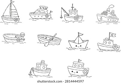 Cute Boat Vector Clipart, Nautical Ship Line Art Vector, Hand Drawn Sailboat Cruise Yacht Paper Boat Outline, Black White Marine Ocean Doodle