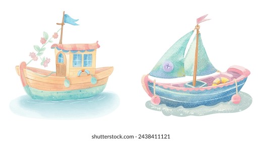 cute boat watercolour vector illustration 