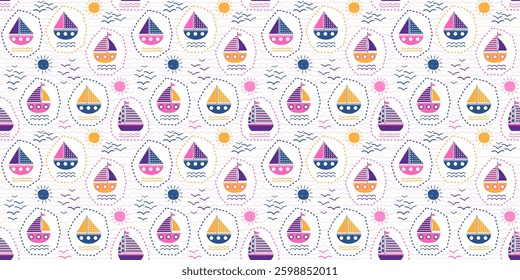 Cute boats summer seamless vector pattern with wavy ocean stripes, sun and boat geometric shapes for kids and baby designs