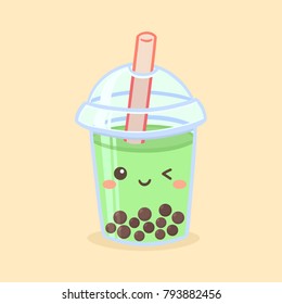 Cute Boba Bubble Green Tea Drink Plastic Glass Vector Illustration Cartoon Character Icon
