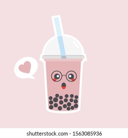 Cute Boba bubble milk tea with tapioca. Pearl milk tea, black delicious pearls is Taiwanese famous. Popular drink. Vector illustration sketch. Character Cartoon. Cute Sticker. Kawaii cartoon Emoji. 