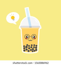 Cute Boba bubble milk tea with tapioca. Pearl milk tea, black delicious pearls is Taiwanese famous. Popular drink. Vector illustration sketch. Character Cartoon. Cute Sticker. Kawaii cartoon Emoji.