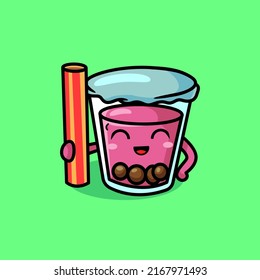 Cute boba cartoon mascot holding a straw vector illustration