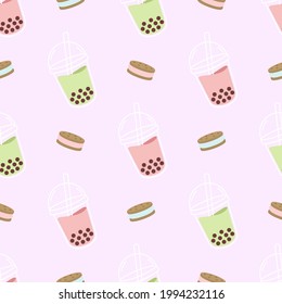 cute boba drink and biscuits cookies seamless pattern