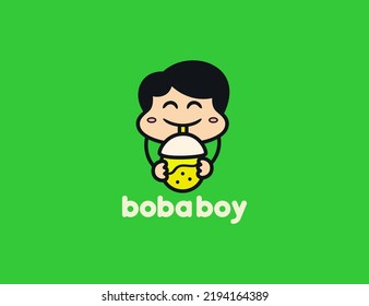 Diseño del logotipo de bebida de boba con personajes de niños pequeños