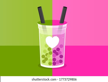 Cute Boba Harmony Immerse yourself in the delightful world of boba love with this charming illustration featuring two colors - pink and green. A perfect addition for designs seeking a touch of romance