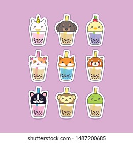 Cute Boba Tea Animals Characters Design Stock Vector (Royalty Free ...