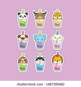 cute boba tea animals character design