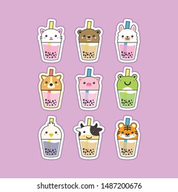 cute boba tea animals characters design