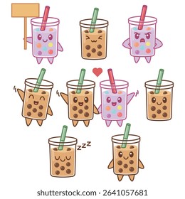 Cute Boba Tea Cartoon Character Set