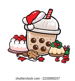 Cute Boba Tea Cartoon in Christmas Theme  Bubble Milk Tea and Gingerbread Man   Christmas Cake  Vector Style 
