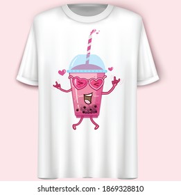 Cute Boba Tea Concept Design.Pink.Vector Illustration.