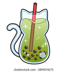 Cute boba tea matcaha cat illustration for your mood