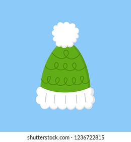 Cute bobble hat vector illustration icon. Winter, christmas, seasonal, knitted green hat with white pompom, bobble. Isolated on blue background.