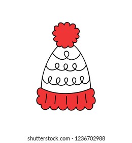 Cute bobble hat vector outlined illustration icon. Winter, christmas, seasonal, knitted white hat with red pompom, bobble.