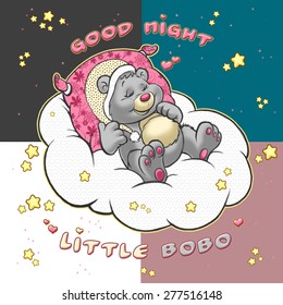 cute bobo bear cub sleeping on cloud animal character illustration vector home textile print design with different background colors