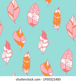 Cute bobo style seamless pattern handmade graphic with leaves, feathers. Texture with nature in trend scandinavian style.