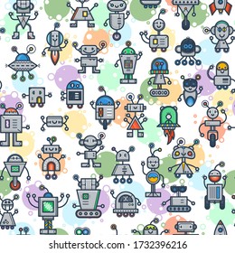 Cute bobots color seamless pattern. Endless texture with funny toys for kids or fiction. Vector game background